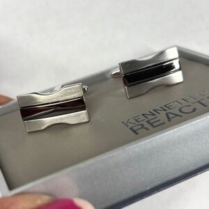 Kenneth Cole Reaction Mens Silver Tone Black Enamel Cufflinks 61KC43X041 NIB